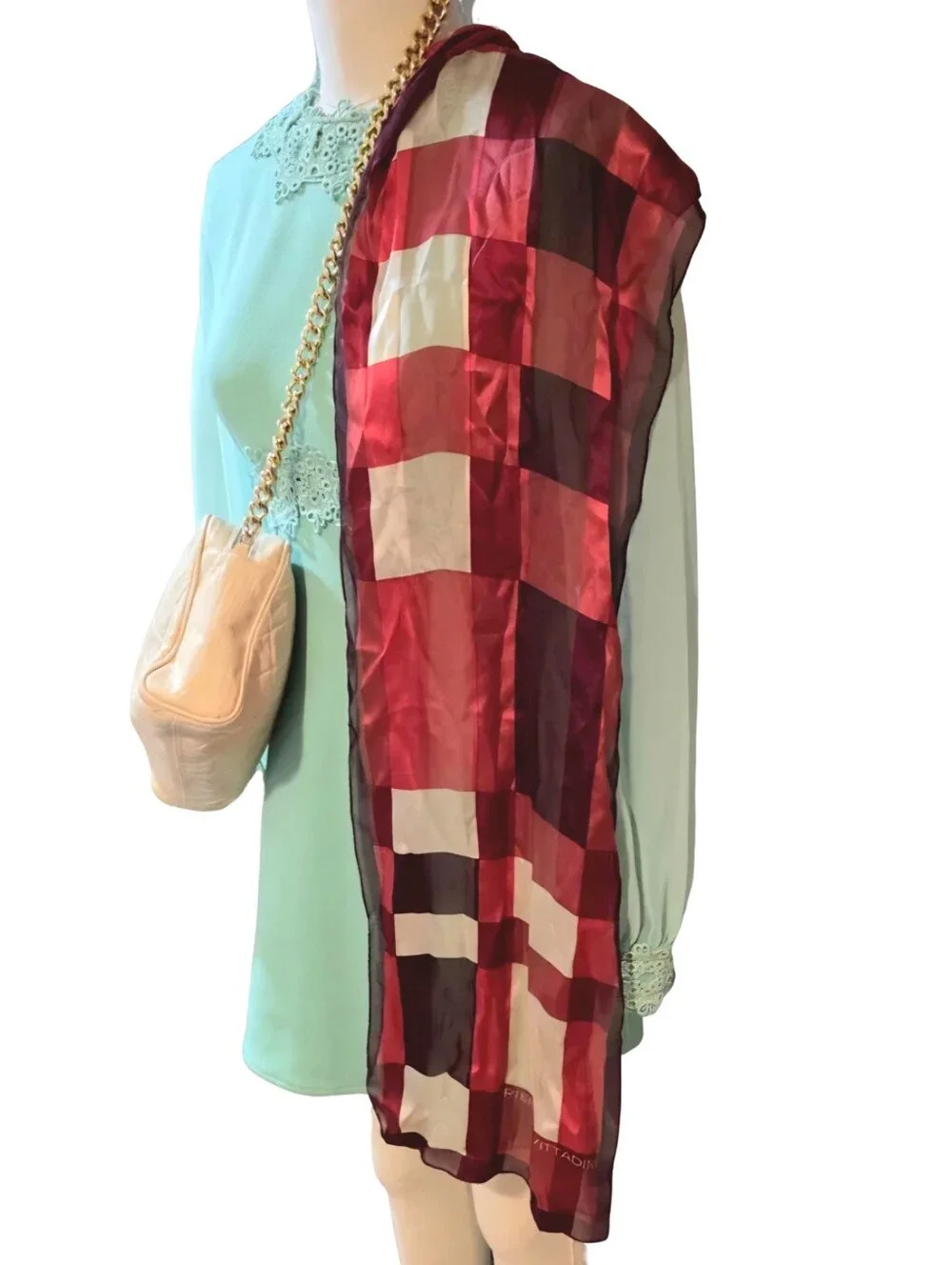 Adrienne Vittadini Silk Chiffon Scarf Berry Plaid Long Oblong Wrap 11x52